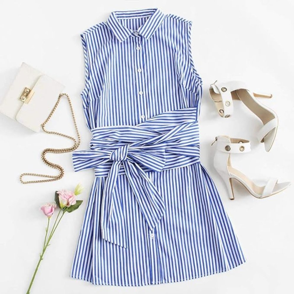Blue and White Striped Shirt Dress